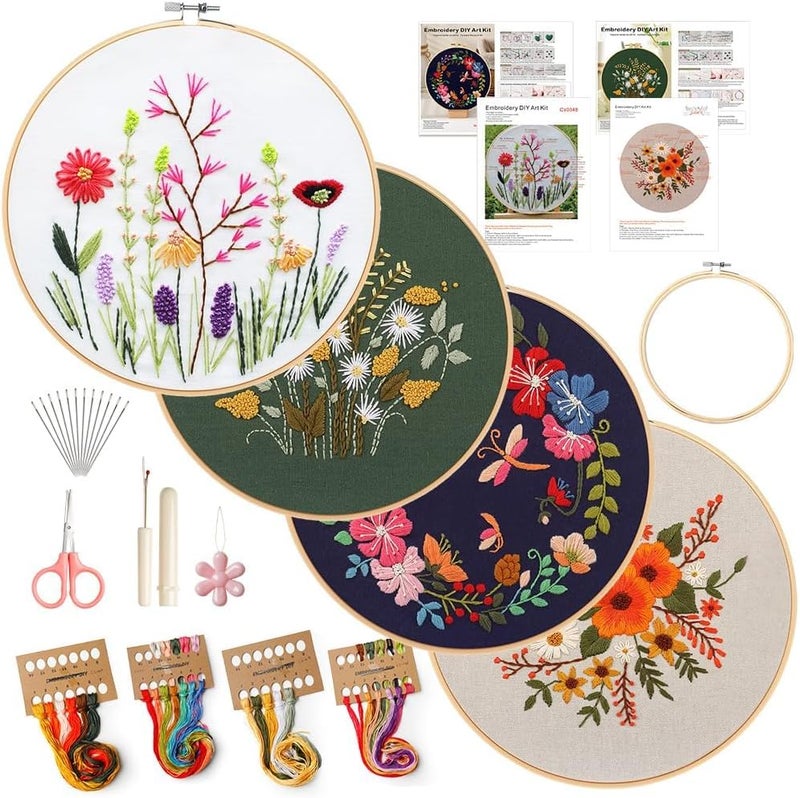 wtisan 4 Pack Embroidery kit for Beginners Adults DIY Starter Kit, Cross Stitch Kits with Flower Stamped Patterns, Embroidery Hoop, Tools,Colorful Threads,Step by Step Instructions,Hand Craft Lover Gift - Image 1